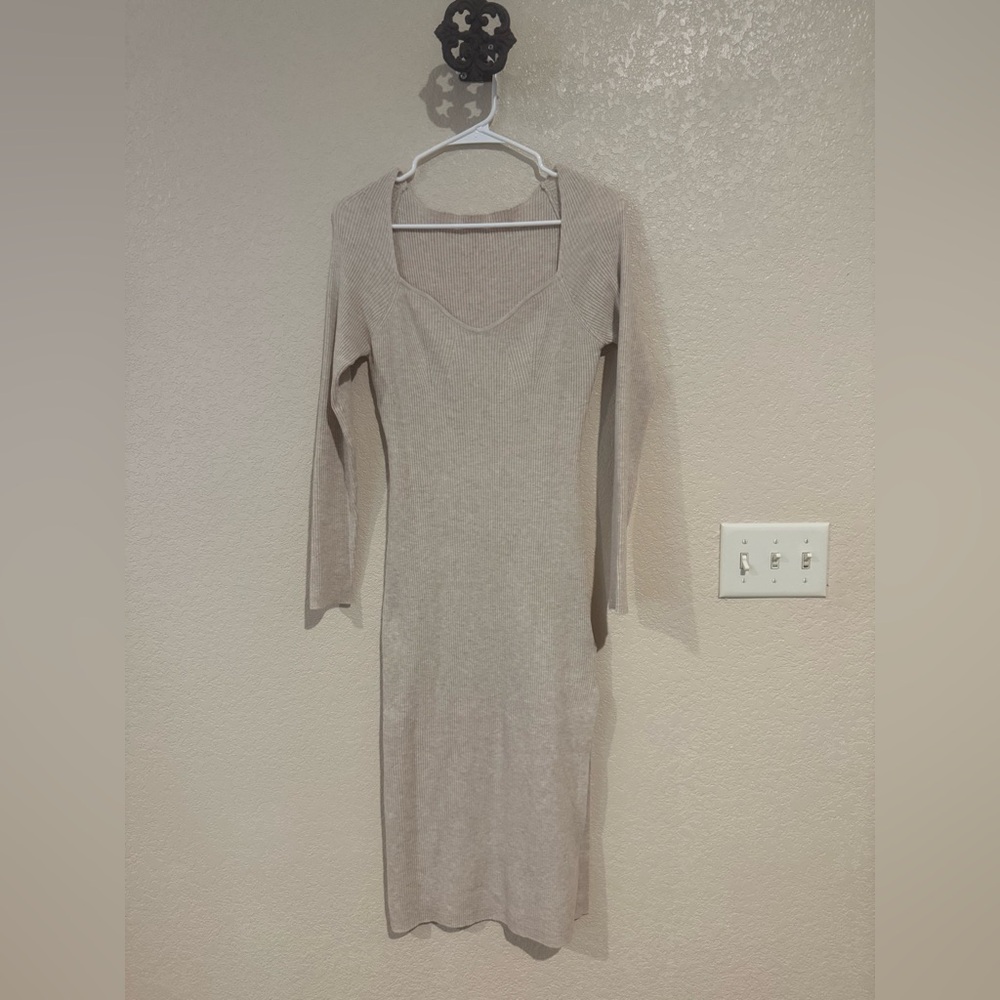 NWT Neutral Ribbed Sweater Dress Women’s Small Bodycon Square Neck Minimalist